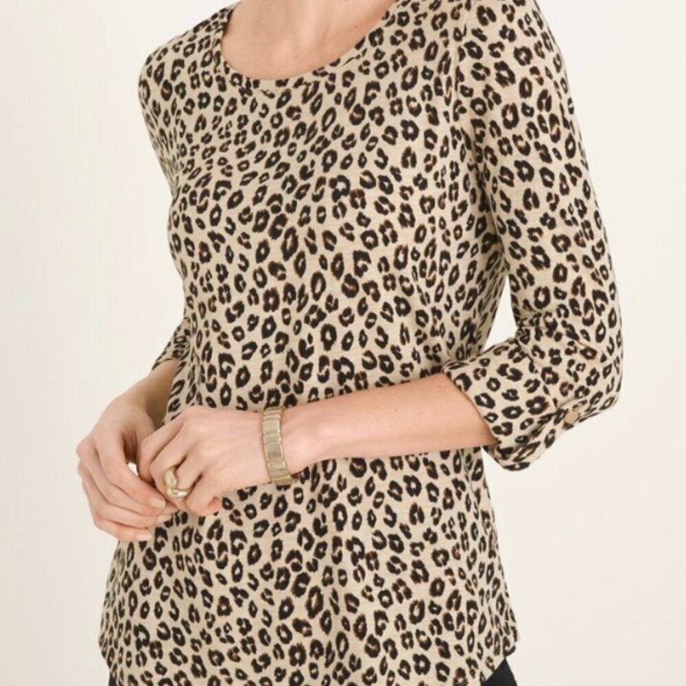 Chico's Size 1 Animal Print Blouse Top 3/4 Roll Tab Sleeves Cotton Modal Work M